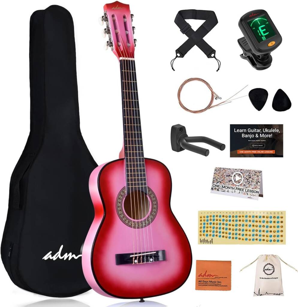 ADM 30-Inch Beginner Acoustic Classical Guitar Kit – Nylon String Guitar for Kids and Students (Hot Pink)