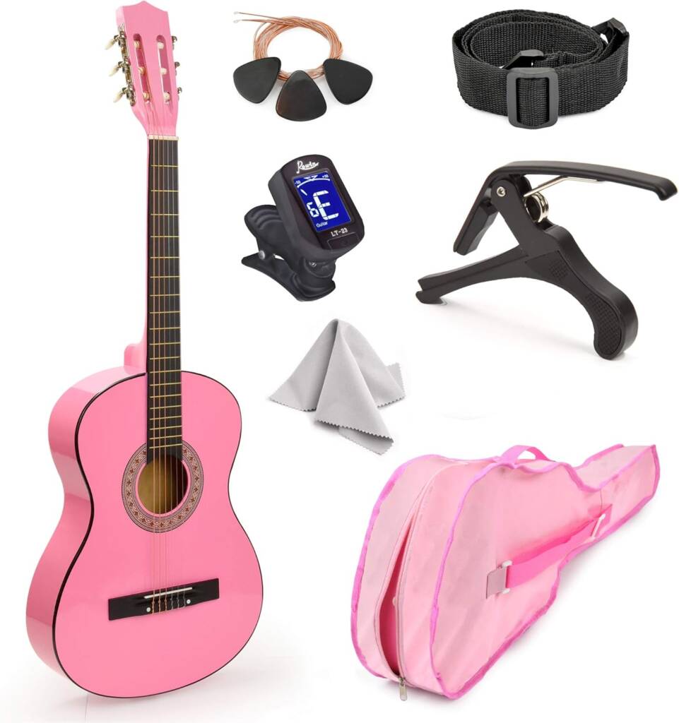 Master Play 30-Inch Beginner Classical Guitar with Case and Accessories – Pink Acoustic Guitar for Kids and Beginners