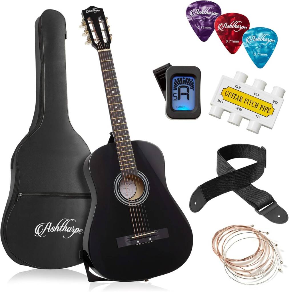 Ashthorpe 38-Inch Black Acoustic Guitar with Case & Accessories – Beginner Guitar for Students and Teens