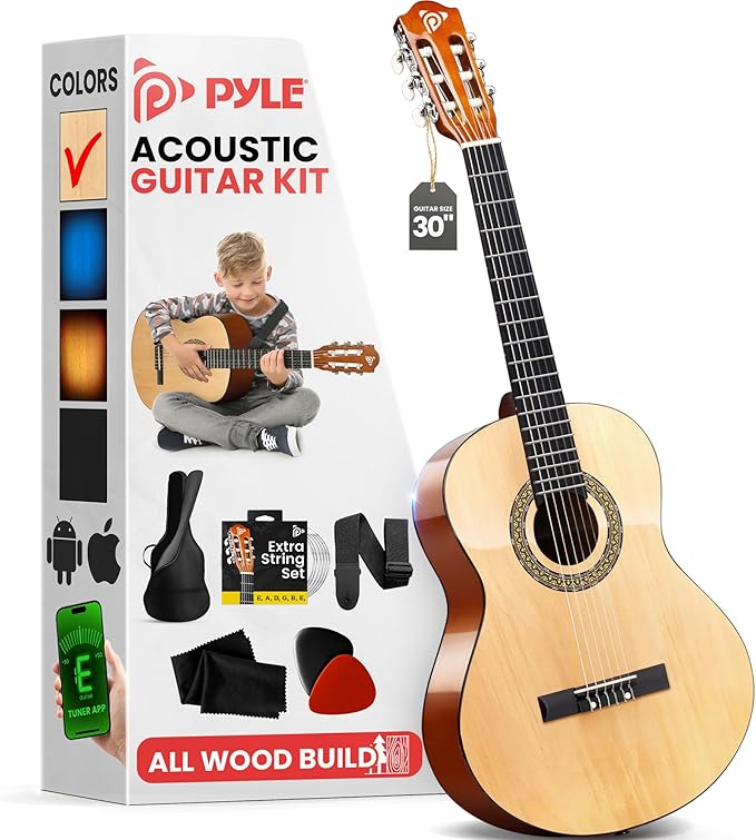 Pyle 30" Beginner Acoustic Guitar Kit – 1/4 Junior Size Natural Ash Guitar for Kids and Adults