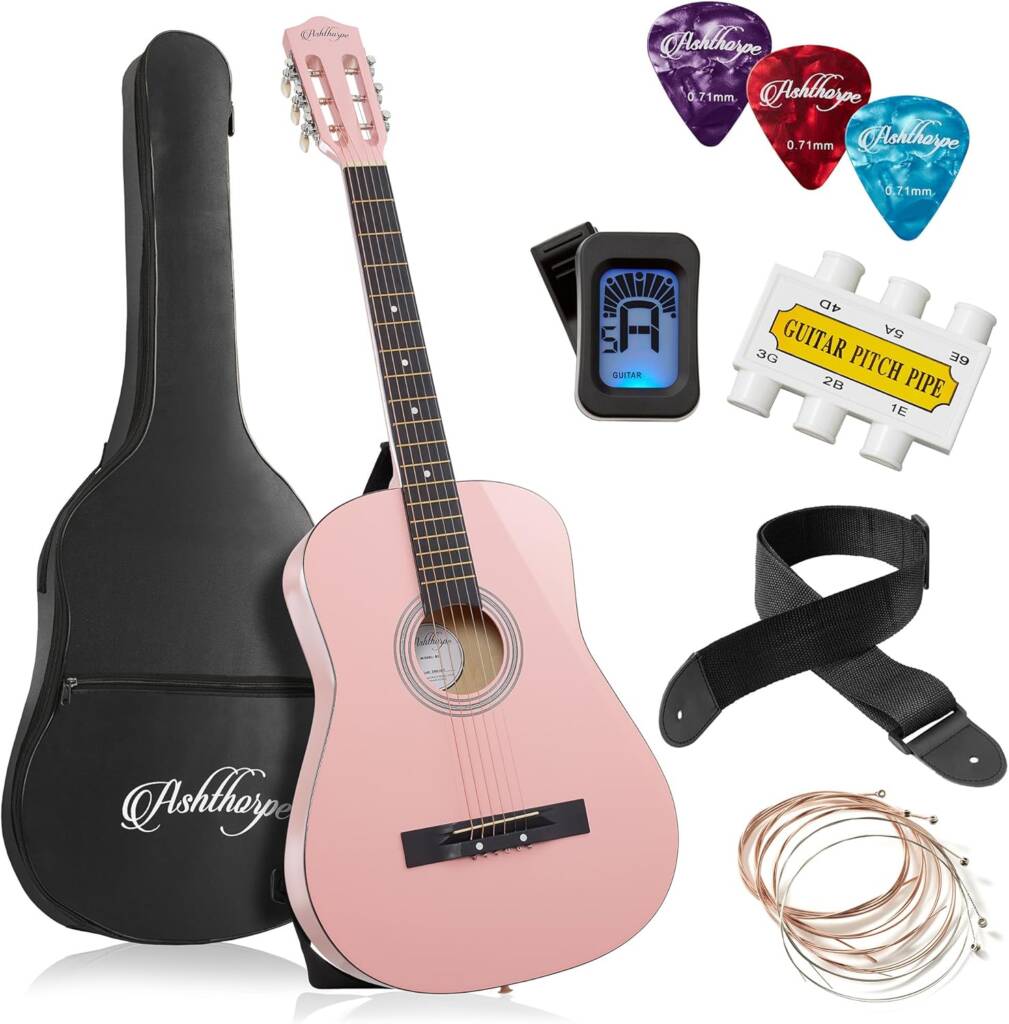 Ashthorpe 38-Inch Beginner Acoustic Guitar in Pink with Complete Starter Kit – Includes Gig Bag, Strap, Tuner, and Picks