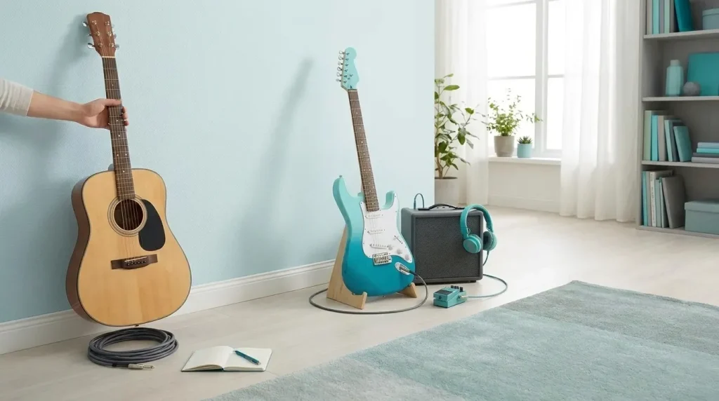 Best Beginner Guitar: A person holding an acoustic guitar next to an electric guitar on a stand