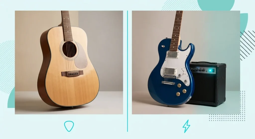 Best Beginner Guitar: An acoustic guitar and a blue electric guitar with an amp, illustrating acoustic vs electric guitar for