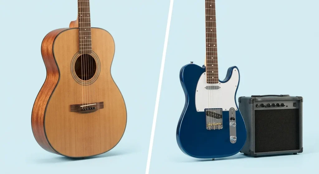 Best Beginner Guitar: Acoustic vs Electric Guitar comparison with a natural wood acoustic and a blue electric guitar with amp