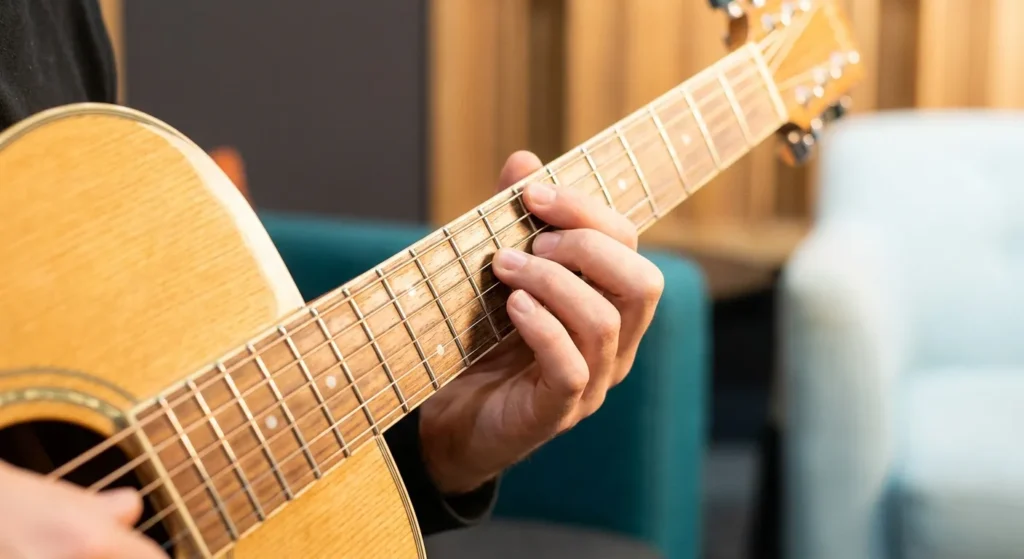Close-up of a hand playing an acoustic guitar fretboard, illustrating Best Beginner Guitar essential features.