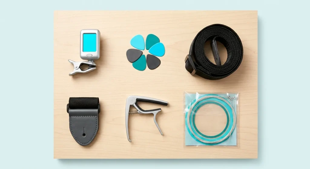 Best Beginner Guitar: Essential beginner guitar accessories including a tuner, picks, strap, capo, and new strings laid out.
