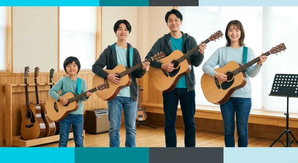 Best Beginner Guitar: Family playing acoustic guitars of various beginner guitar sizes, demonstrating proper fit for differen