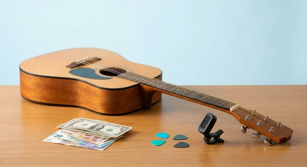 Best Beginner Guitar: Acoustic guitar, money, picks, and tuner on a table, illustrating a first guitar budget for beginners.