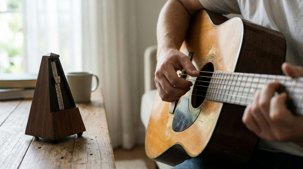 Guitar metronome practice: beginner strumming an acoustic guitar next to a metronome
