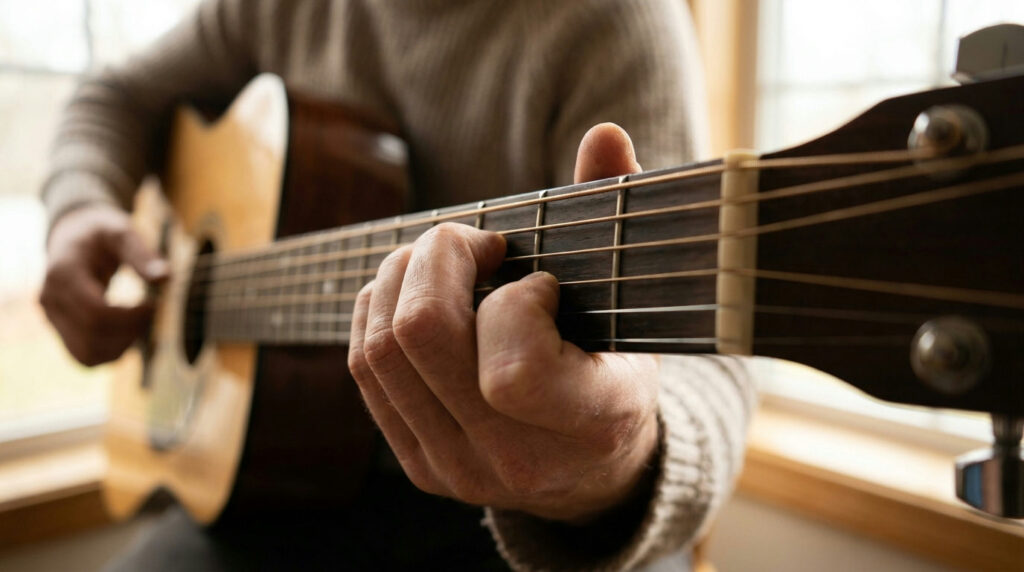 Beginner practising how to switch guitar chords faster with fingers low over the fretboard