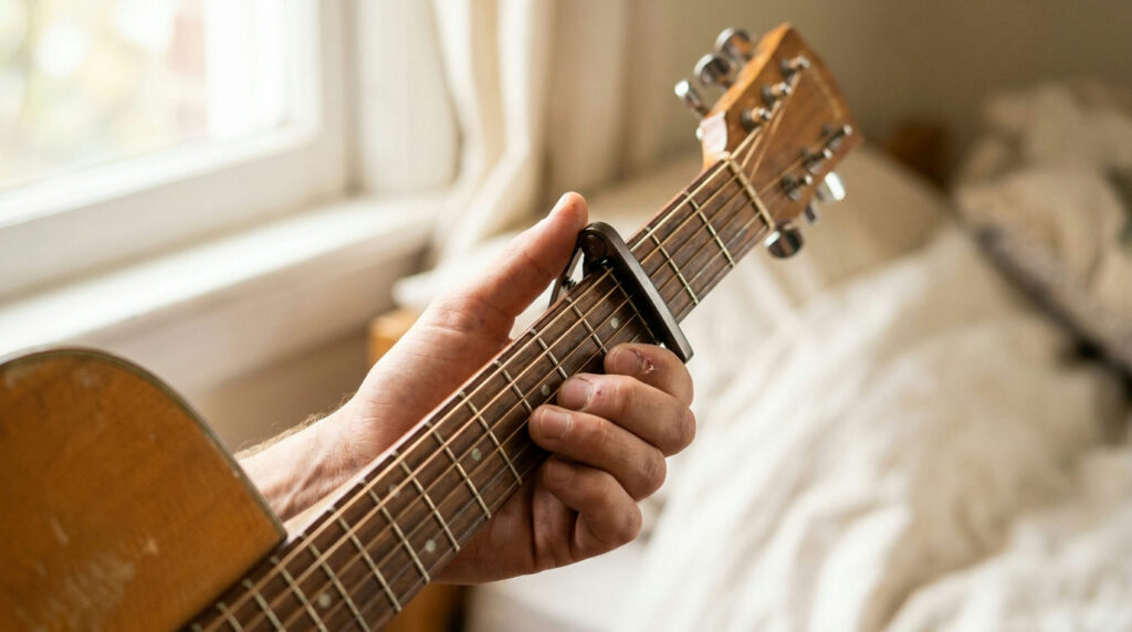 Beginner learning how to use a capo by clamping it just behind a fret on an acoustic guitar