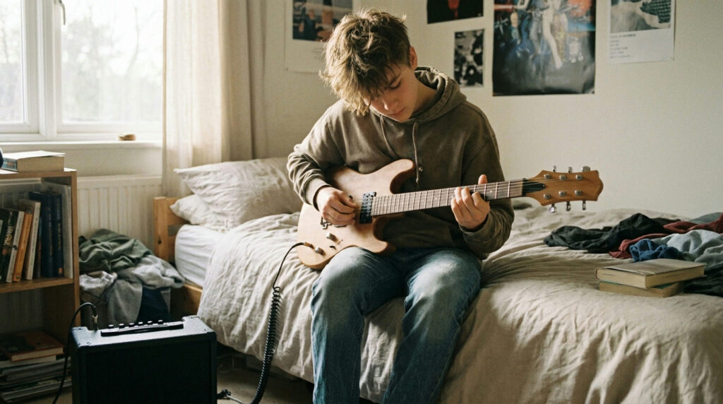 A teenager practising power chords for beginners on an electric guitar with a small amp
