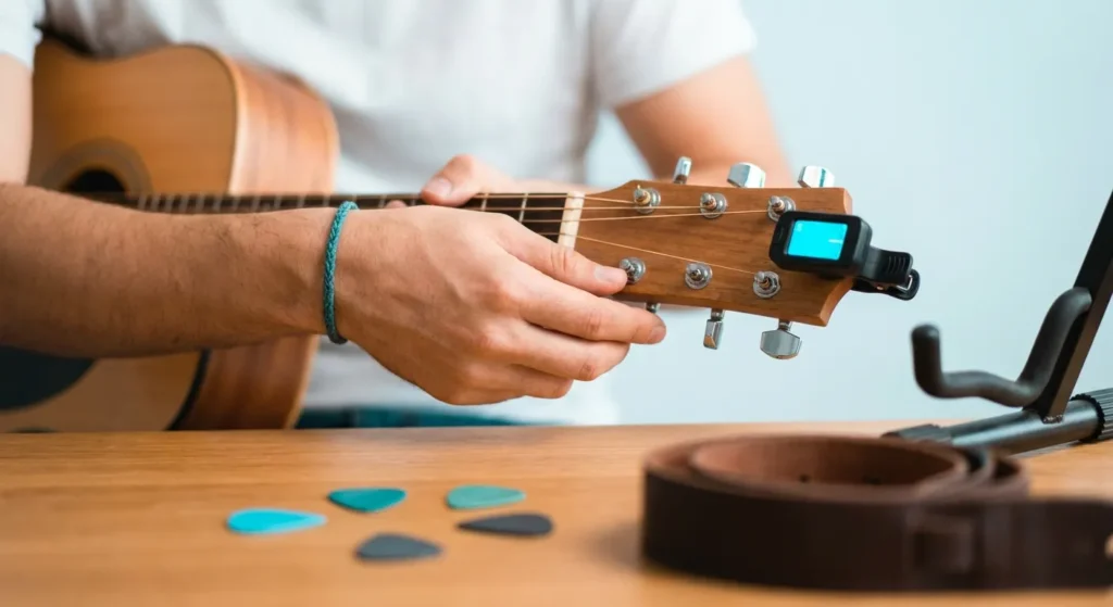 Best Beginner Guitar: Person tuning an acoustic guitar with a clip-on tuner, demonstrating how to setup a new beginner guitar