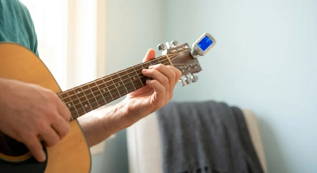Best Beginner Guitar: Person playing acoustic guitar with a tuner, perfect for a beginner guitar practice routine.